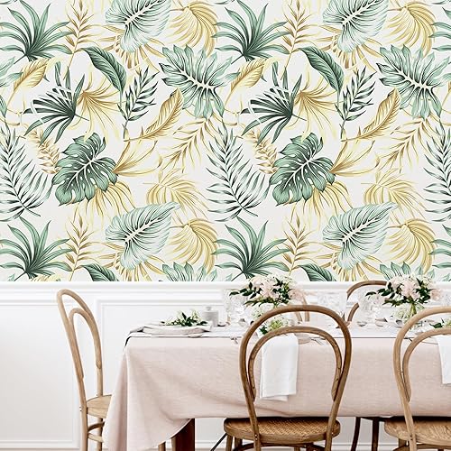Miniatura 5 de WESTICK Papel tapiz dorado tropical para despegar y pegar para baño, papel de contacto tropical impermeable, papel tapiz floral para dormitorio,