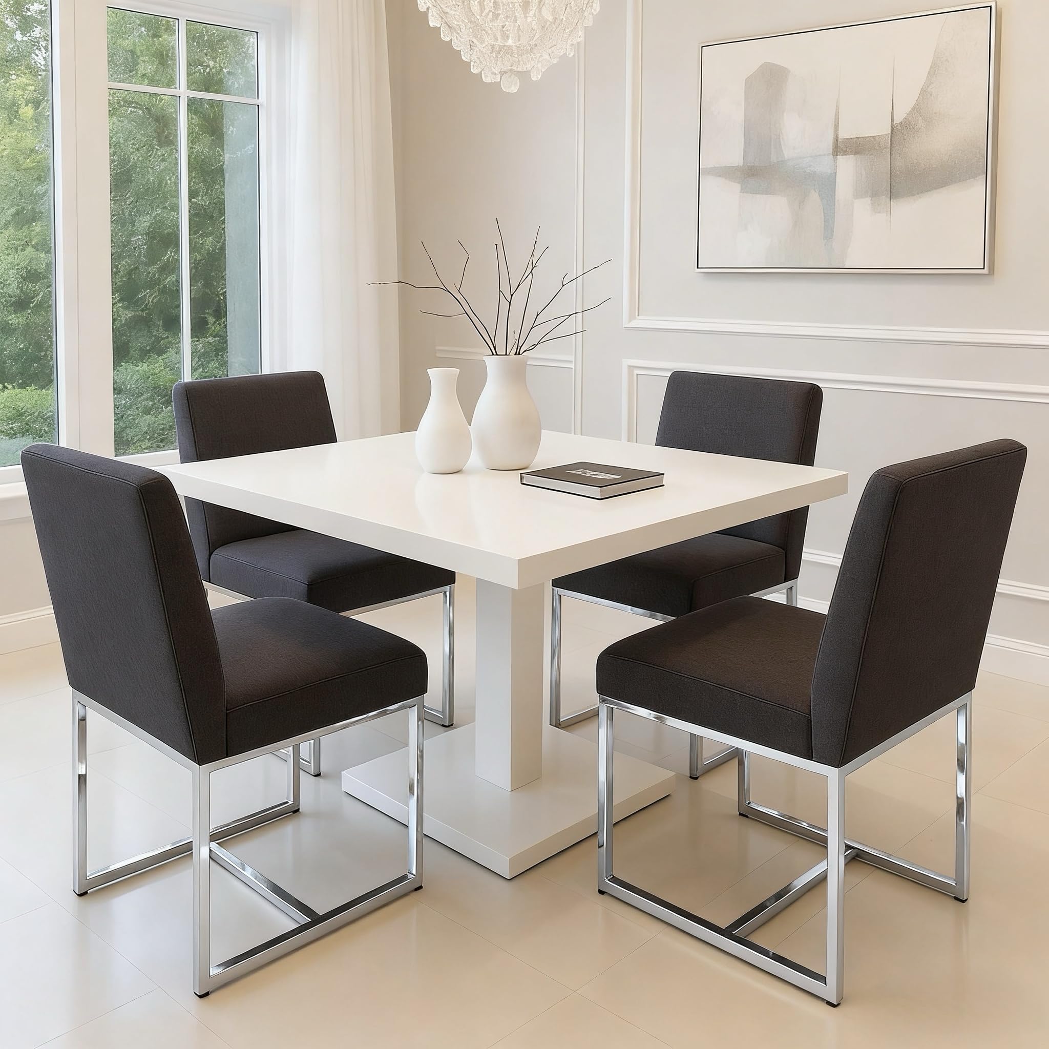 HNY Kitchen & Dining Room Chairs Set of 4, Linen Fabric Mid Century Modern Dining Chairs, Upholstered Dining Chairs with Polished Chrome Finish Metal