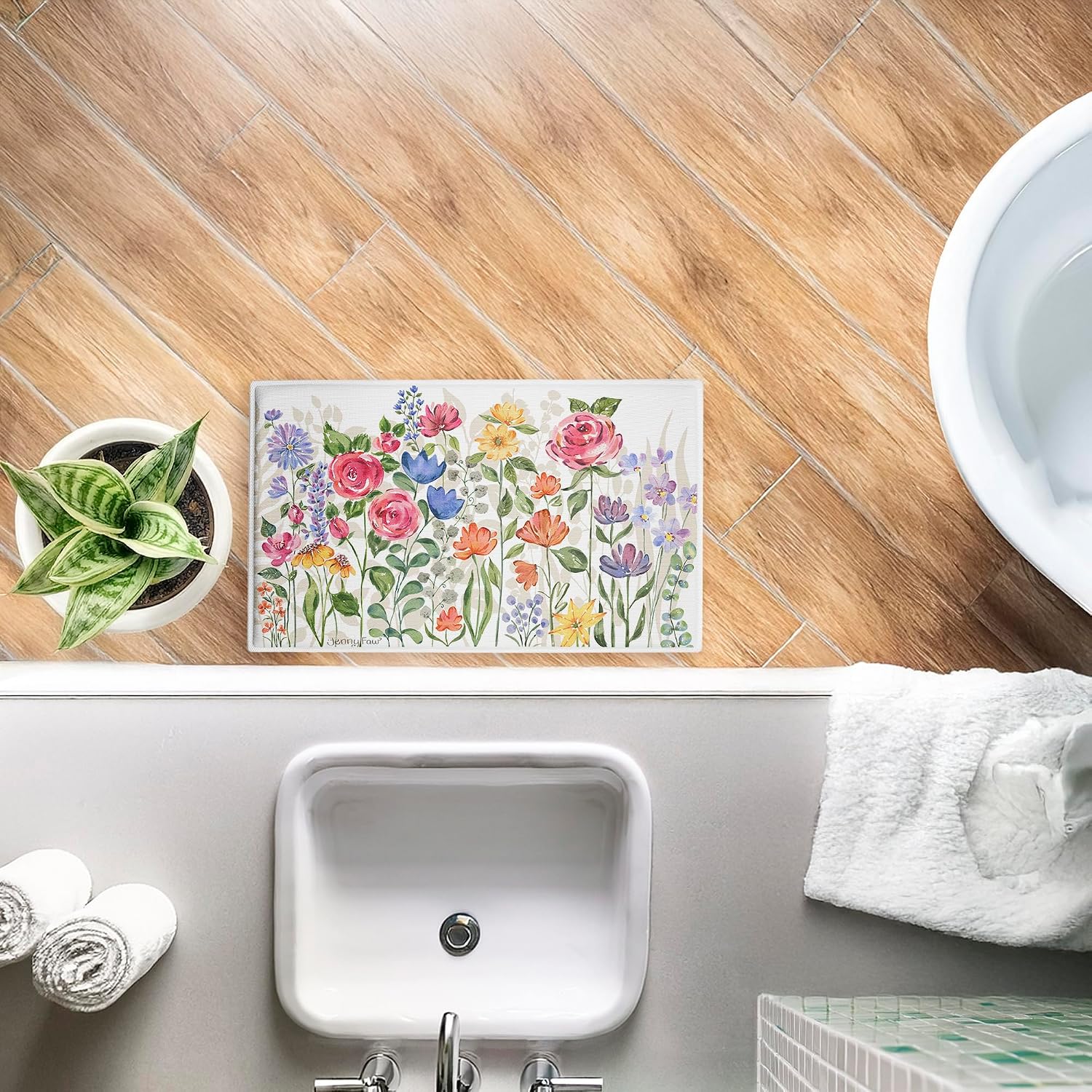 Stupell Industries Springtime Wildflower Blossoms Plush Bathroom Mat & Bath Rug, Soft Quick-Dry Non-Slip Bathroom Rug with Recycled Foam Cushion, Modern Botanical Floral Design by Jenny FAW, 18"x30"
