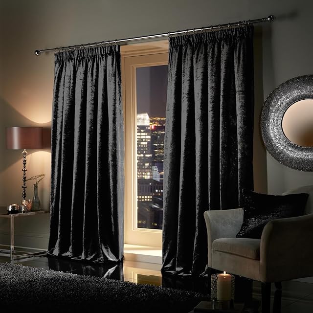 viceroy bedding Pair of Heavy Crushed Velvet Curtains PENCIL PLEAT TAPE TOP Fully Lined Curtains Jet Black 66" Width x 72" Depth