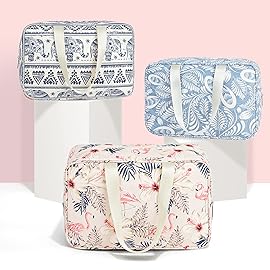 Full Size Toiletry Bag Women Large Cosmetic Bag Travel Makeup Bag Organizer Medicine Bag for Toiletries Essentials Accessories (Large, Blue Leaf)