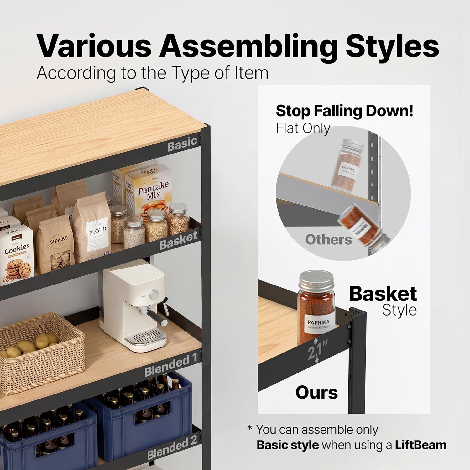 HOMEDANT House 5 Tier Heavy Duty Garage Shelving Adjustable Metal Rack Storage Shelves Standing Shelf Unit Organizers Pantry Closet Office (1, Black, 48.1" W x 16.5" D)