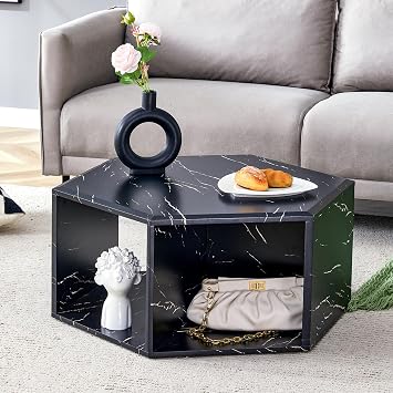 Coffee Table, Hexagonal MDF Coffee Table with Storage Drawers for Living Room, Modern Design Black