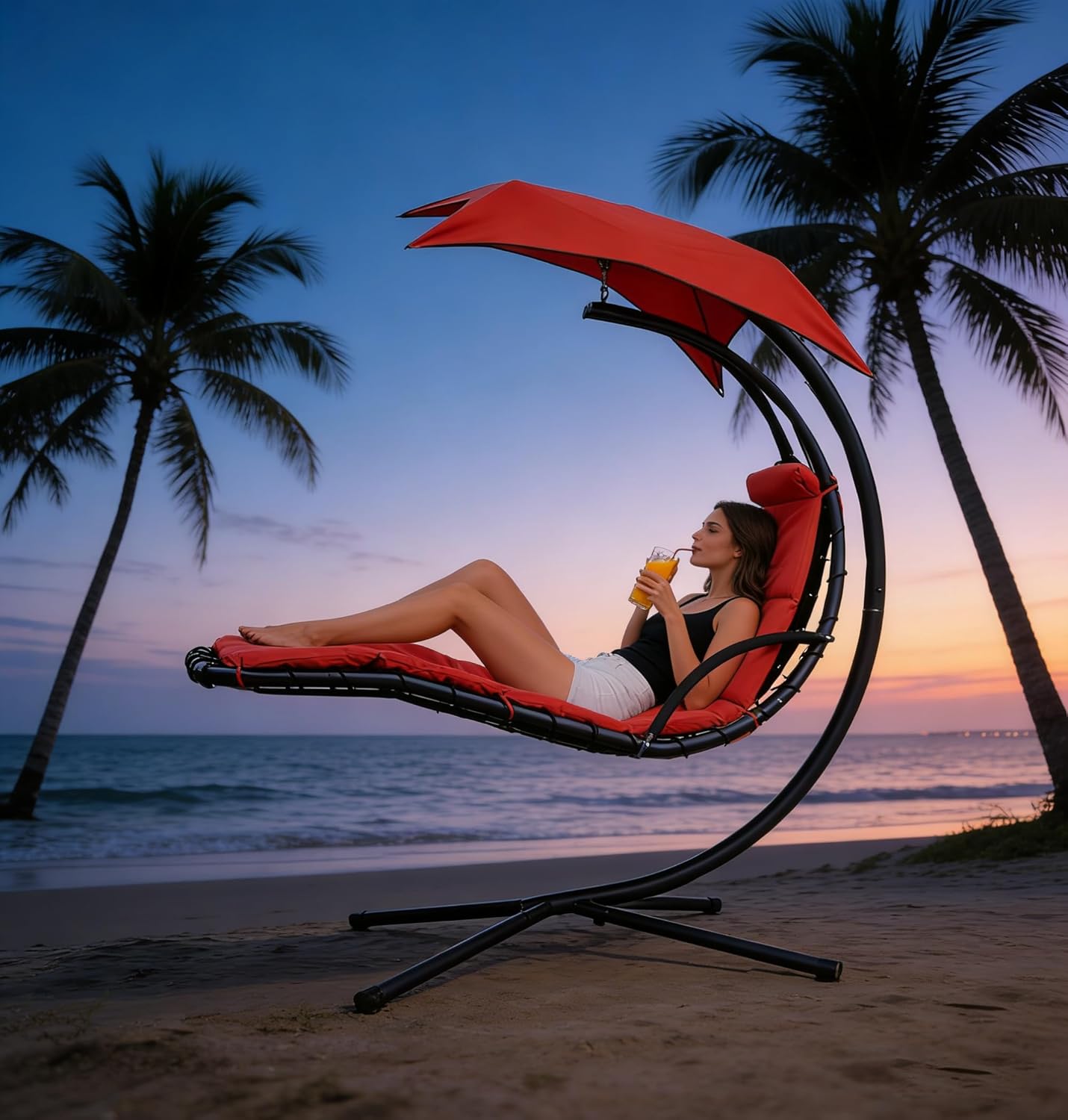 Hanging Chaise Lounge Swing Chair with Arc Stand, Freestanding Curved Steel Hammock Lounger for Patio, Poolside, Backyard, Garden