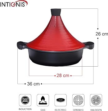 Tagine Pot Moroccan for Cooking | Induction | Self Basting Lid 28cm / 4.1Litre | Large | Greblon Non Stick Chemical Free | Traditional Tender Slow Cook Tajin Casserole Pan (BURGUNDY)