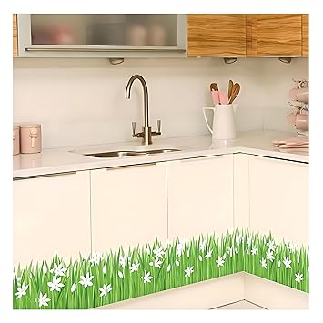 JAAMSO ROYALS Green Grass with White Flower Wall Stickers for Living Room Flowers, Floral Wall Stickers, Flower Sticker, Nature Wall Stickers, Garden Stickers for Walls of Home, Wall (50CM x 70CM) - image, photos