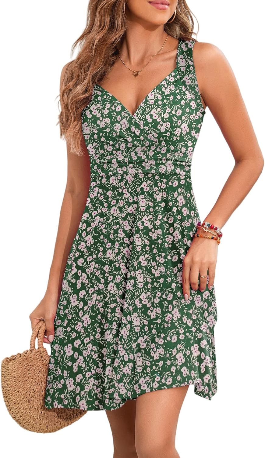 YUTILA Zomerjurk Dames V-hals Mouwloze Jurken Midi Bloemenpatroon Lichte Jurk Strandjurk, M
