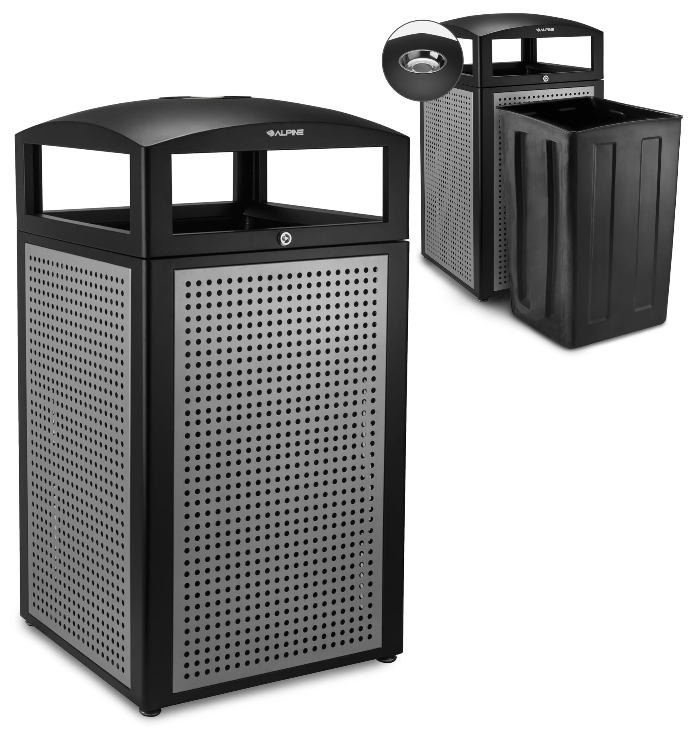 Alpine Outdoor Commercial Trash Can with Lid - 40 Gallon Heavy Duty Metal Garbage Can with Removable Bin