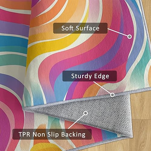 Miniatura 6 de Alfombra retro ondulada lavable de 3 x 5 pulgadas, textura de los años 70 y 80, diseño abstracto colorido, ultra fina y suave para dormitorio, sala