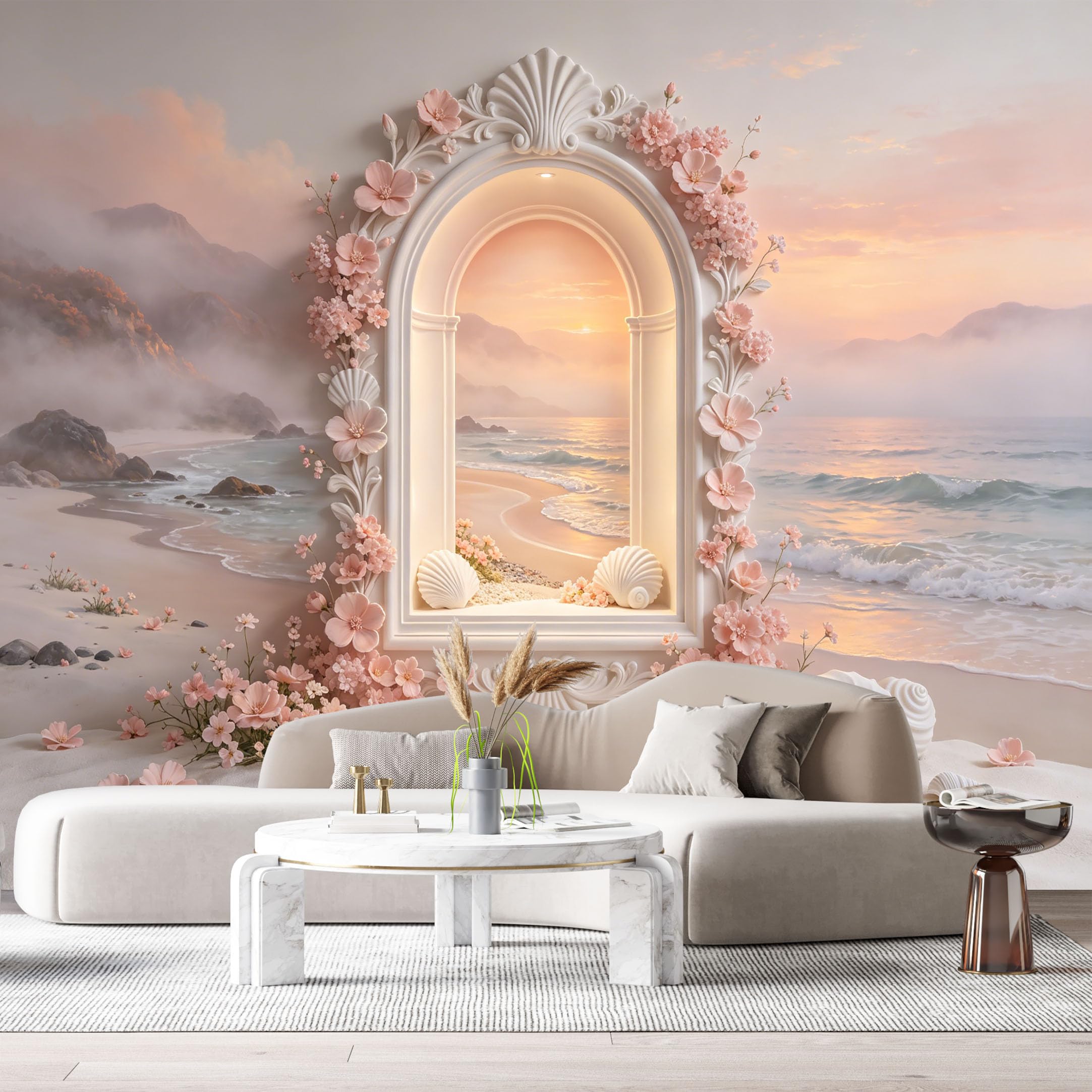 Custom Size Wall Mural Coastal Archway Floral Sunset Beach 3D Trompe L'Oeil SelfAdhesiveWall Fabric Removable Wallpaper Wall Decor for Living Room Bedroom Bathroom
