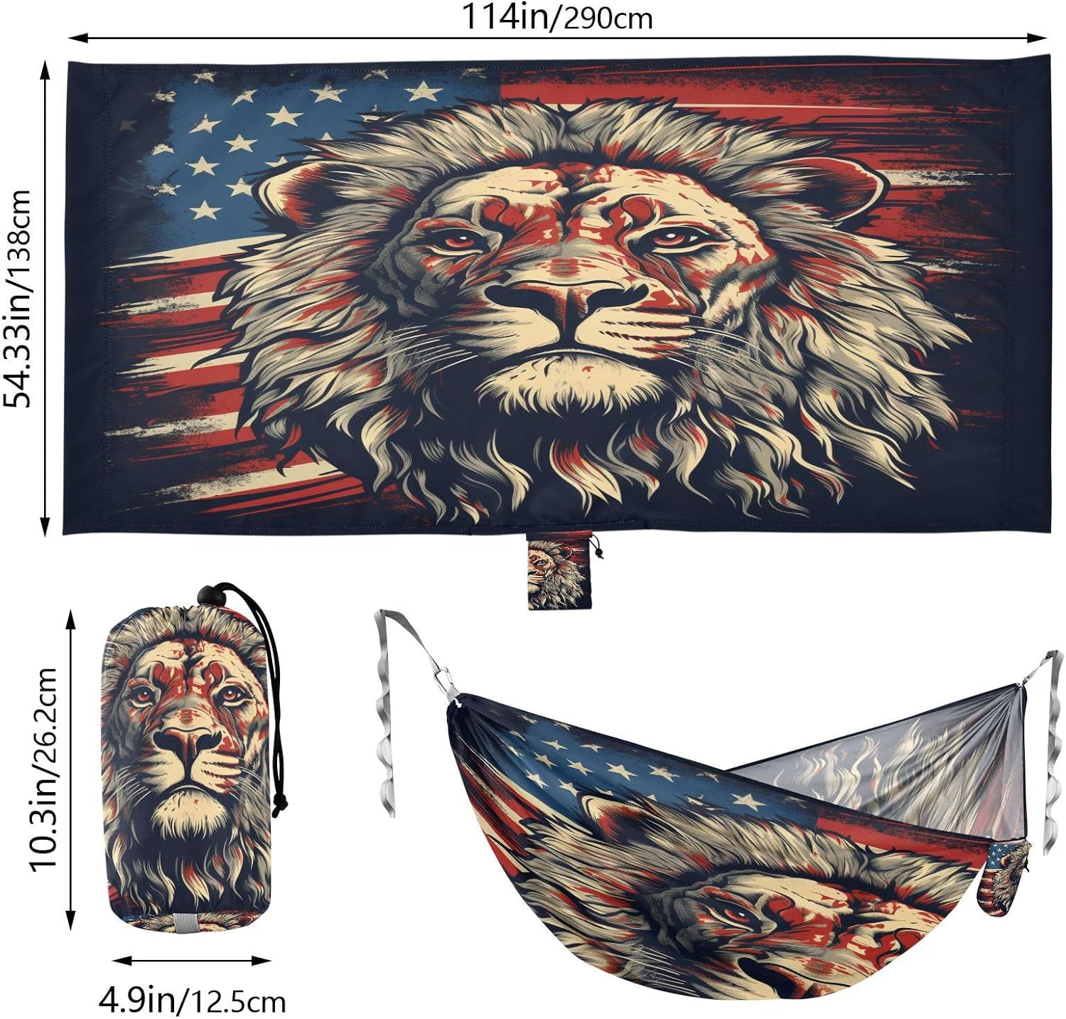 ALAZA Lion American Flag Camping Hammocks Single or 2 Person 500 lbs Portable Parachute Travel Hammock w/Tree Straps for Hiking Backpacking Indoor Outdoor