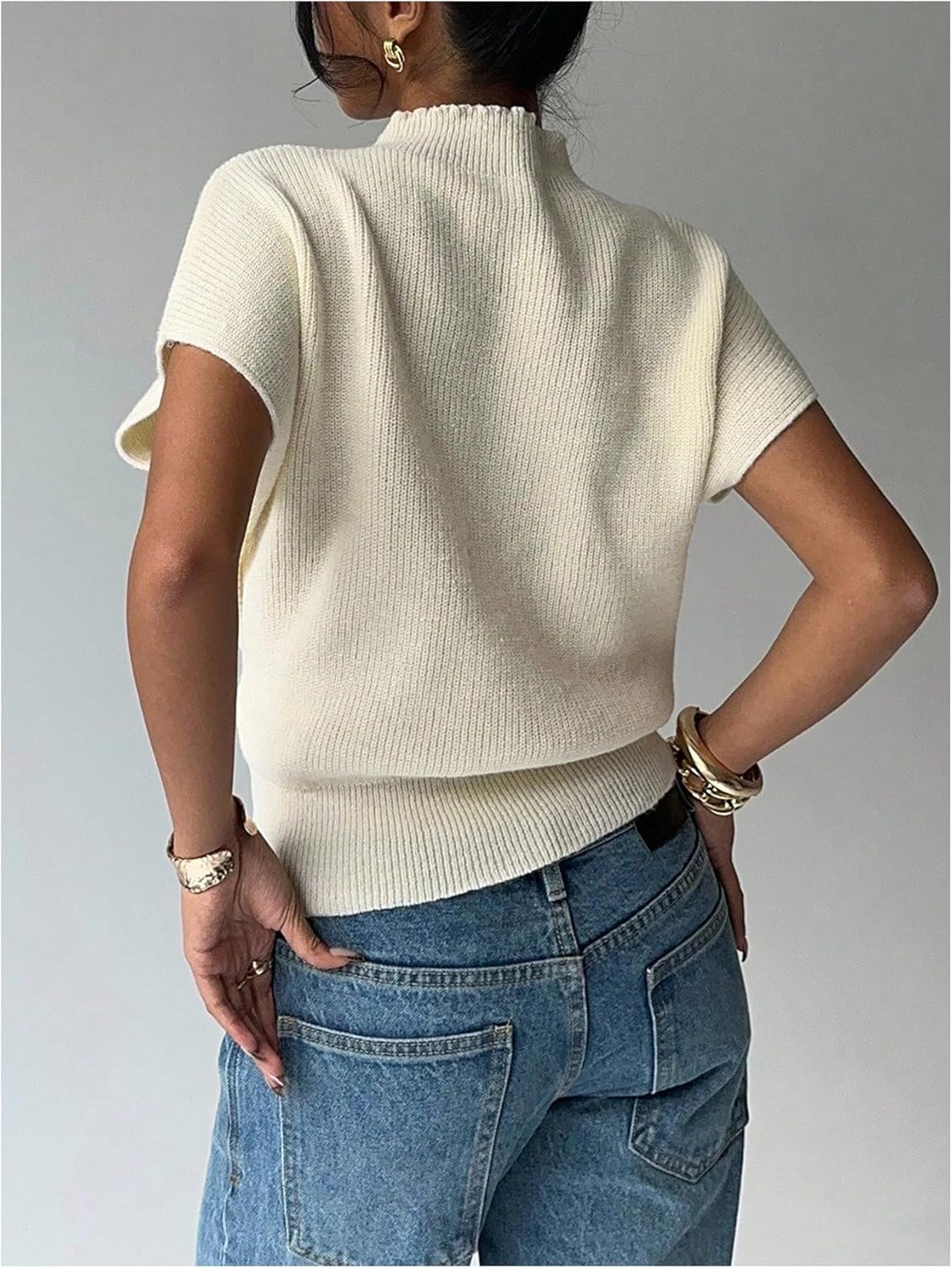 SOLY HUX Women's Short Sleeve Sweater Pullover Mock Neck Ribbed Knit Tops Work Office Outfit - Image 3