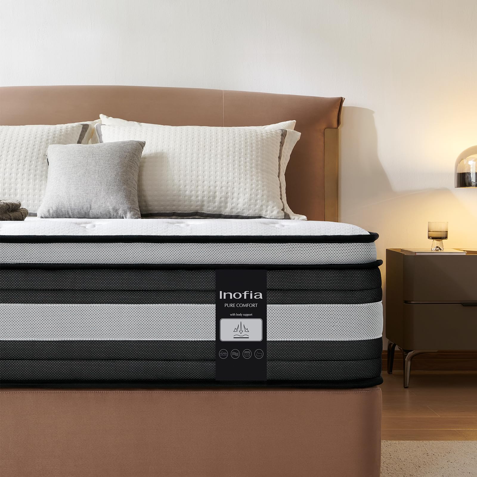 Inofia Matelas NidFrais, épaisseur 28 cm, 7 Zones ergonomiques, Certifié Oeko-Tex, Matelas à Ressorts ensachés en Coton Biologique, Essai de 100 Nuits,Noir,90x200