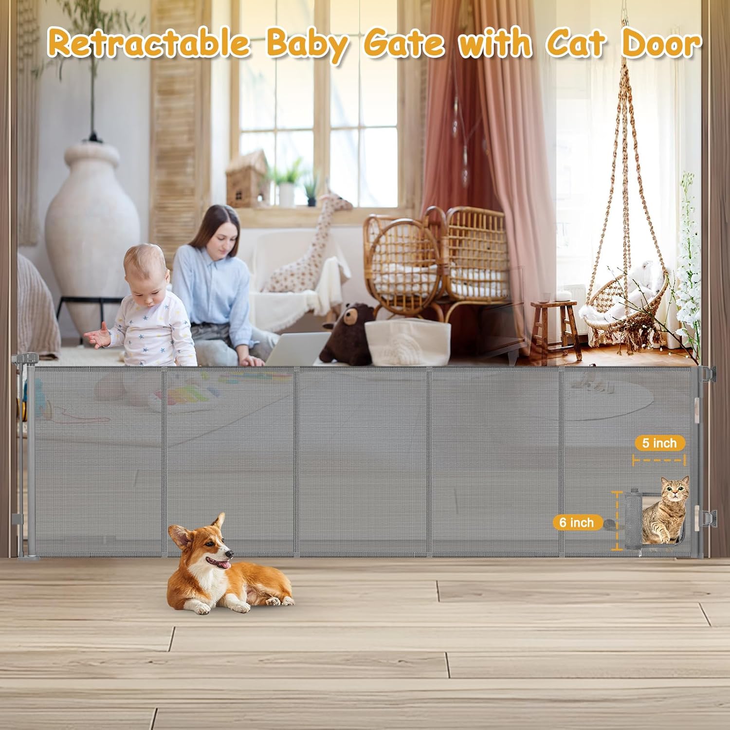 Reinforced 120 Inch Extra Large Retractable Dog Gate with Cat Door 10ft Extra Wide Baby Gates for Large Openings 33 Inch Tall Pet Gate Indoor with Reinforced Strips Long Baby Gates With Cat Door, Gray