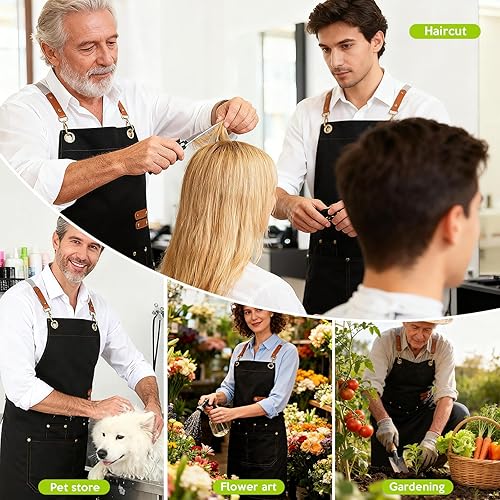 Miniatura 6 de GNDKDY Delantal de chef con bolsillos, delantal de trabajo negro para hombres y mujeres, delantales de cocinajardineríapeluquería para cocinar,