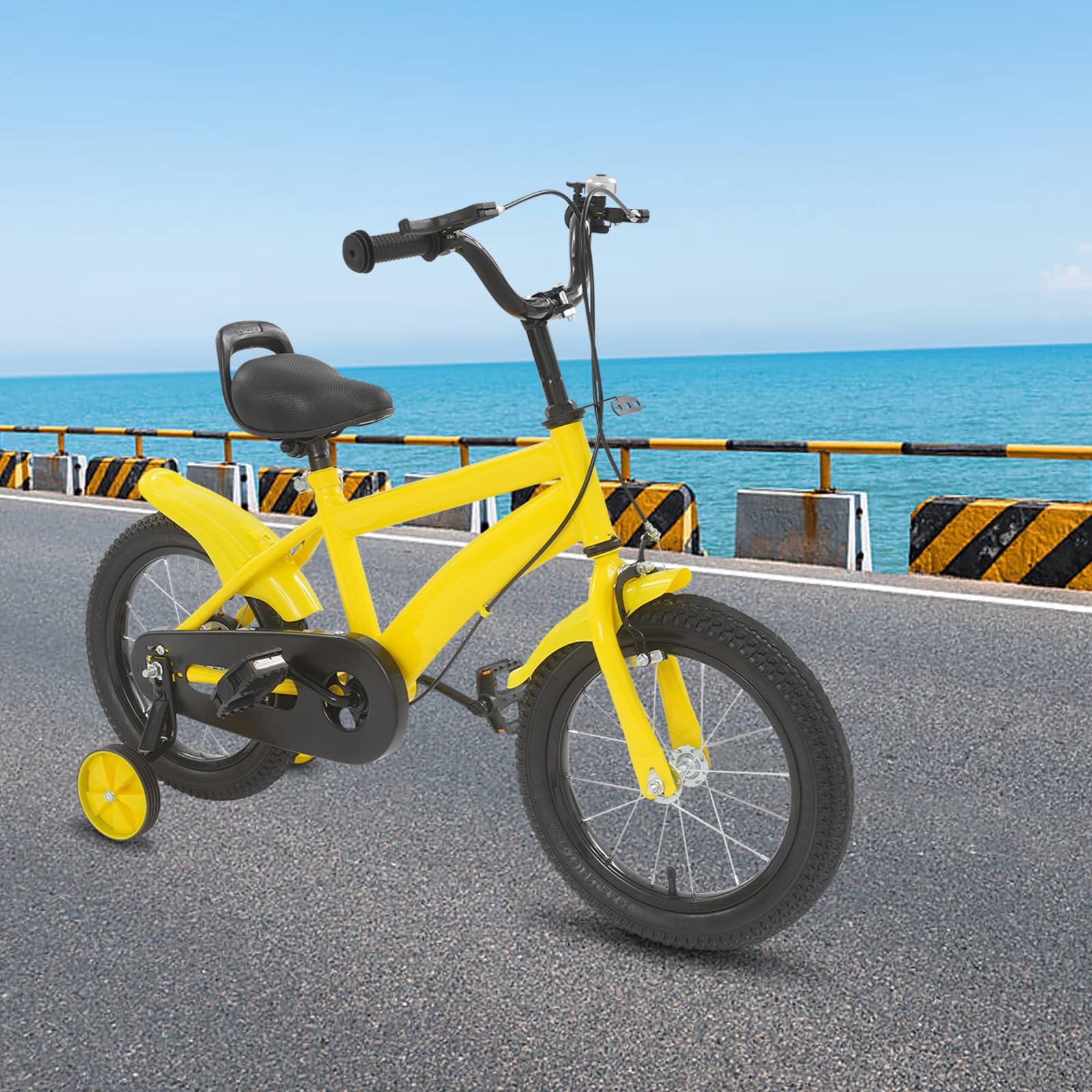 Bicicleta infantil de 14 pulgadas, bicicleta con ruedas estabilizadoras, bicicleta para niños en amarillo y negro, bicicleta de dos ruedas resistente, asiento regulable en altura, manillar
