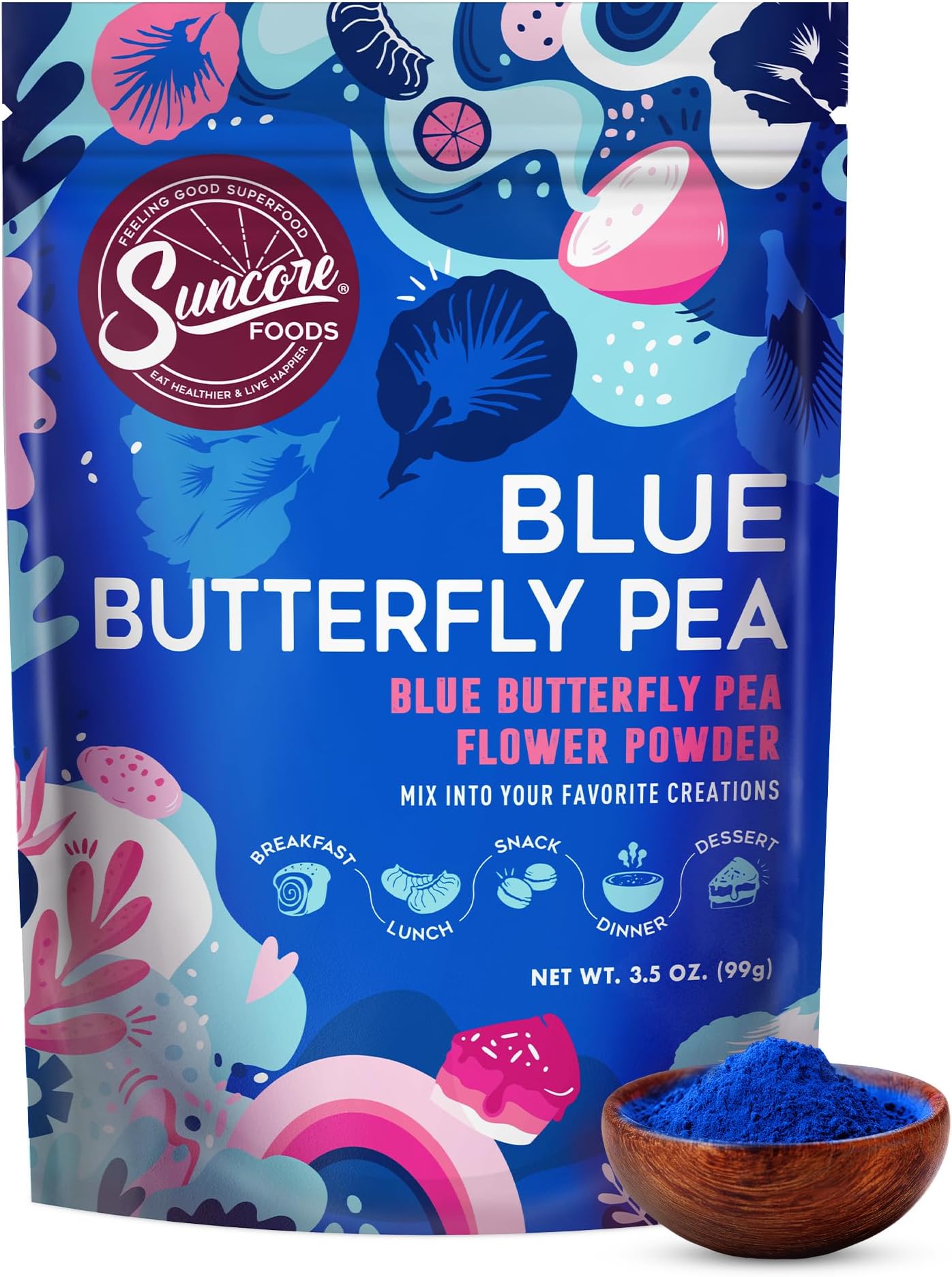 Suncore Foods Butterfly Pea Flower Powder 3.5oz | Gluten Free | Vegan | Natural Blue Food Coloring, Blue Tea for Color-Changing Drinks, Baking, Desserts, Smoothies, Craft, Non-GMO, Resealable Pouch