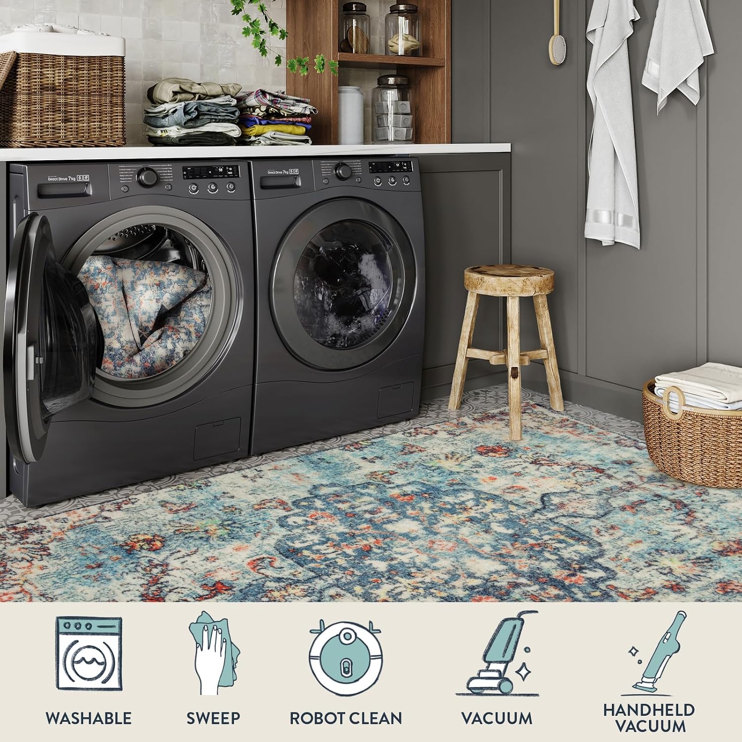  Reine Bohemian Floral Medallion Area Rug - 2x3 Vintage Teal Distressed Small Entryway Rug Turkish Doormat Faux Wool Non-Slip Washable Low-Pile Carpet for Bathroom Kitchen Laundry Room Decor thumbnail