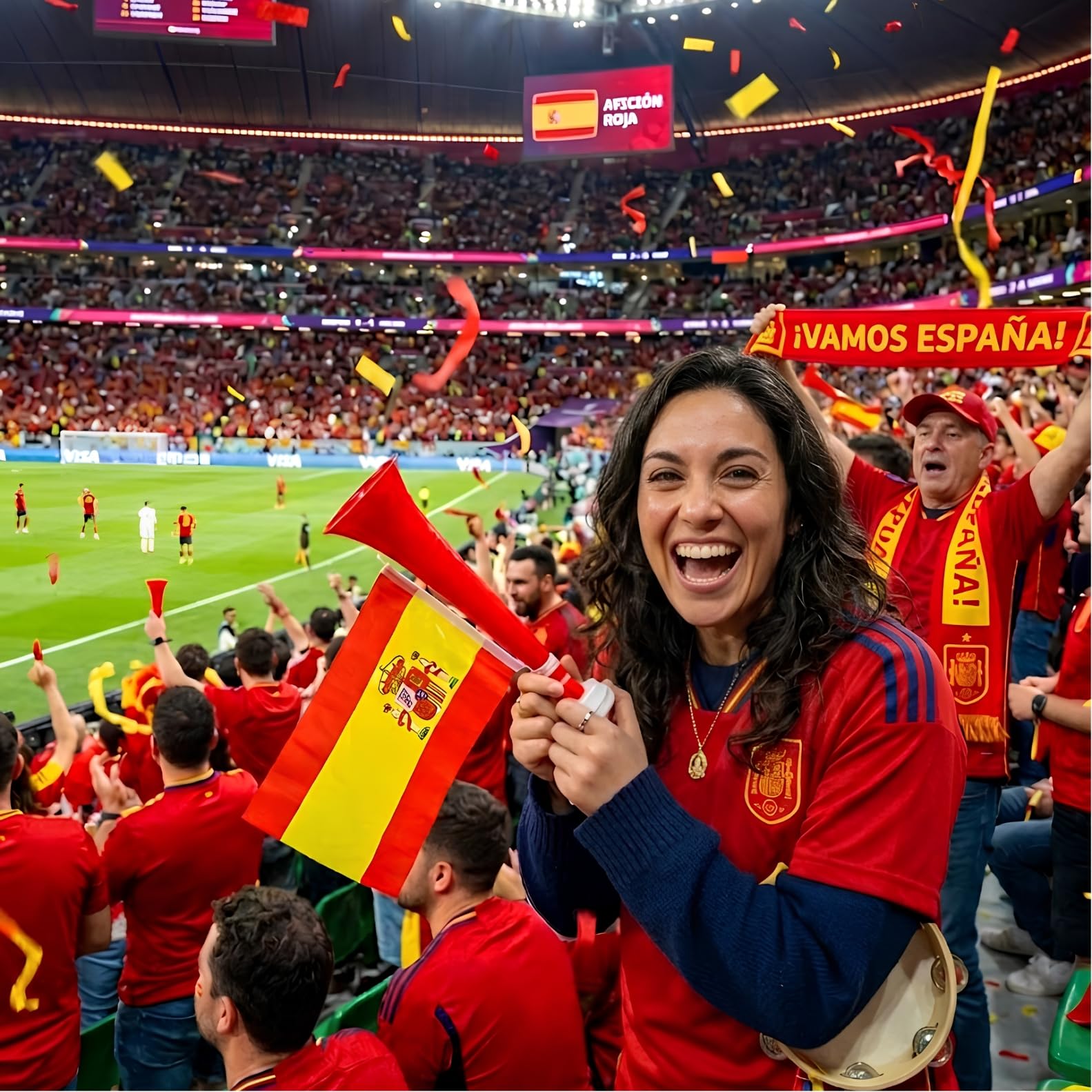 Trompeta con Bandera de España para Aficionados – Bocina de Animación 28 cm | Sonido Fuerte y Claro | Ideal para Fútbol, Eventos y Celebraciones (3 Rojo)