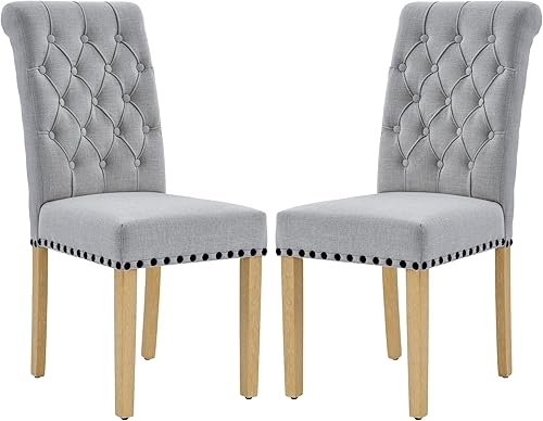LOULENS Juego de 2 sillas de comedor de tela de lino, sillas Parson modernas, sillas de comedor de moda con ribete de cabezas de clavos, acolchado
