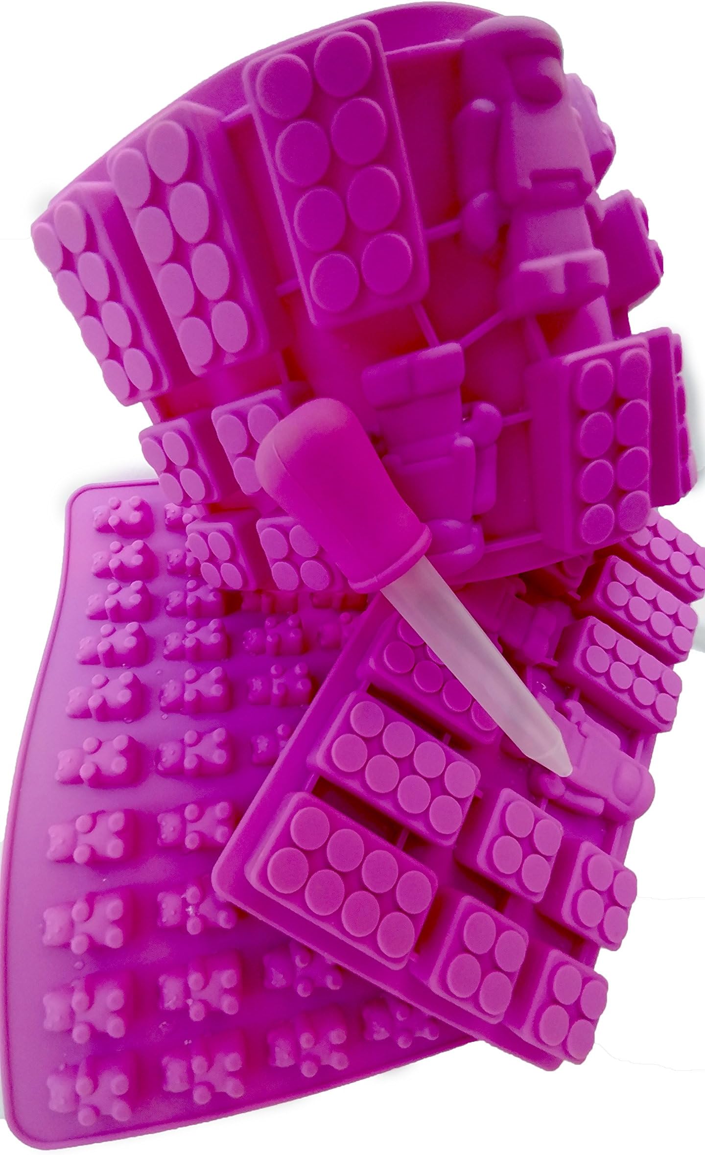 2 Pack Gummy Bears, Lego Like Bricks & Robot Molds, FREE Dropper for Candy or Ice Cubes, Parties, Halloween