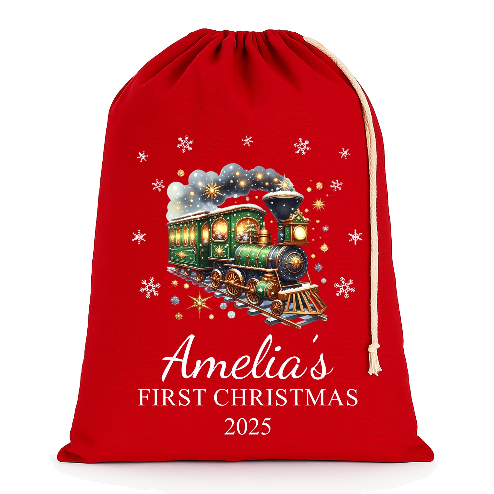 Chicken Craft Personalised Baby's First Christmas Santa Sack with Custom Name - Red - My 1st Xmas Keepsake Gift for Boys or Girls (Festive Train, Extra Large)