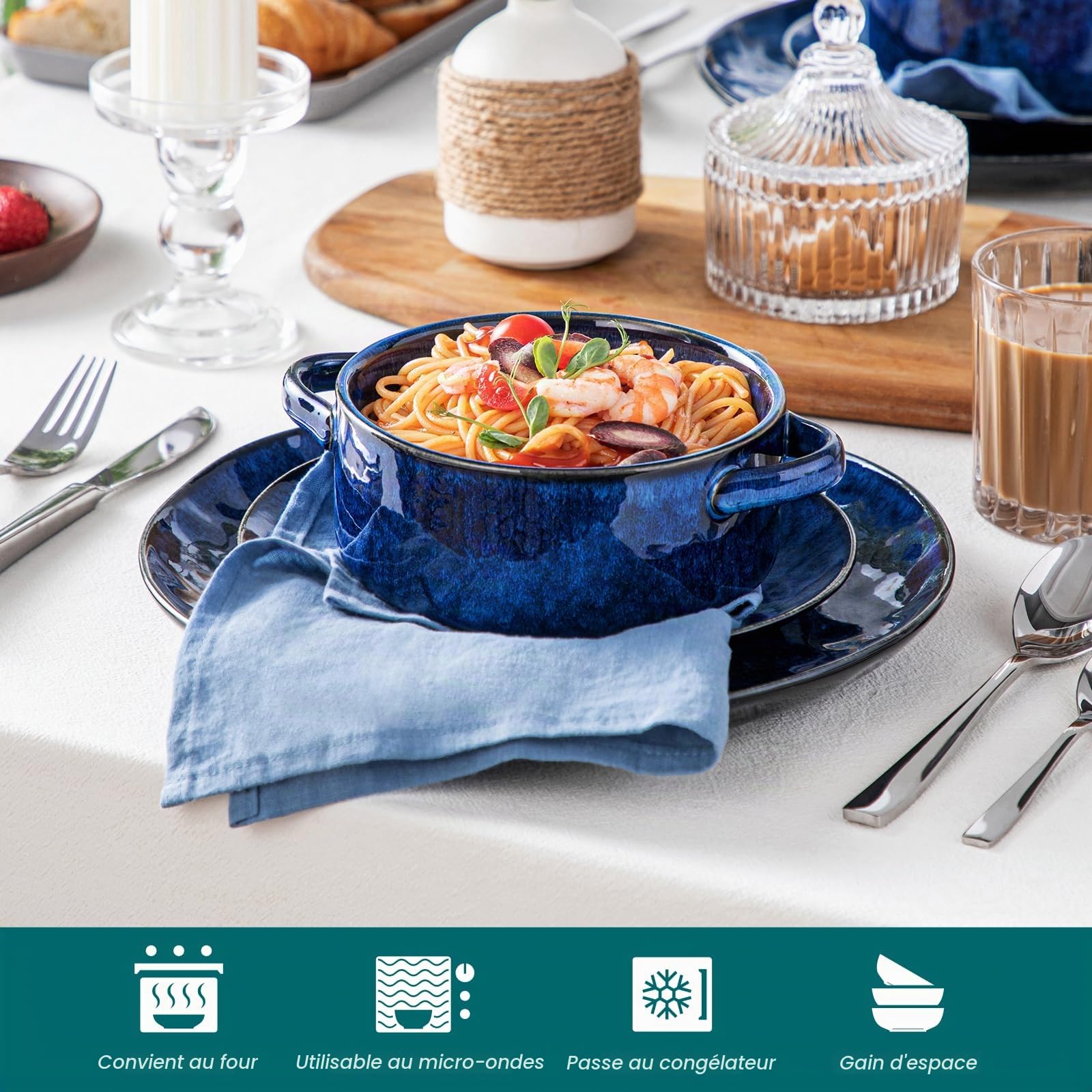 vancasoo Bols à Soupe Série Stern avec poignées, en céramique de 30 oz pour céréales, pâtes, chili, ragoût, ensemble de bols en porcelaine, four, micro-ondes, lavable au lave-vaisselle, lot de 4