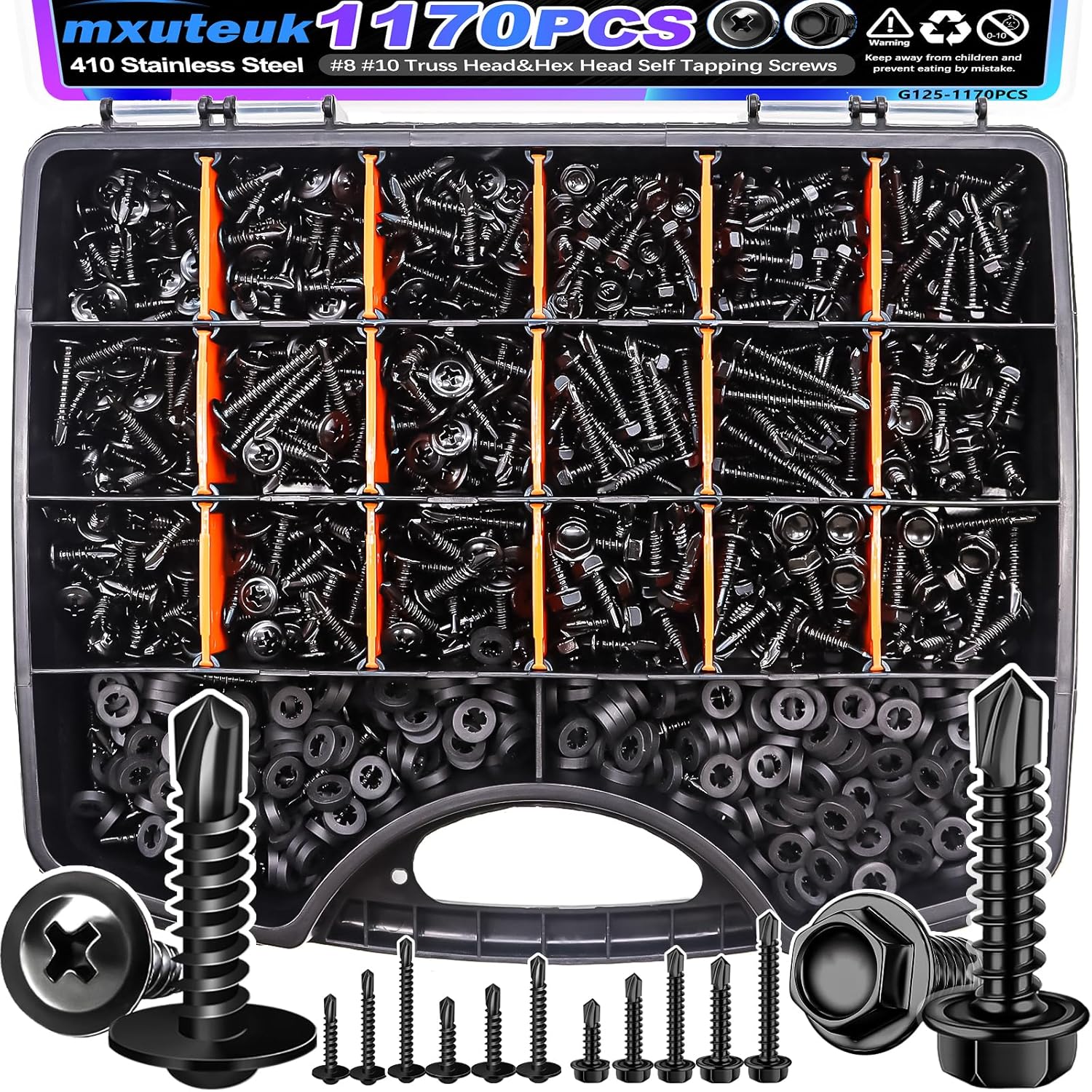 mxuteuk #8 Self Tapping Screws+#8#10 Self Tapping Screws for Metal,410 Stainless Steel Self Drilling Screws,Truss Head & Hex Head 1/2" to1-1/4'' Self Tapping Screw