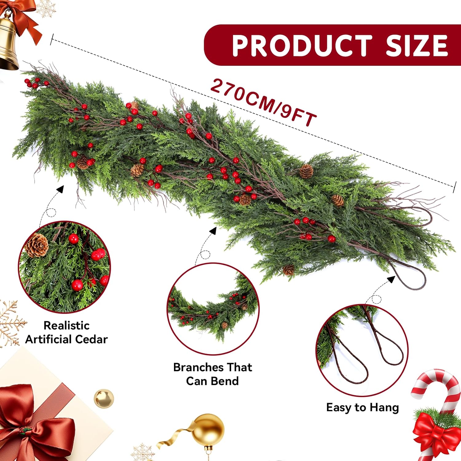 Faux Cedar Christmas Garland with Red Berries & Pine Cones – Full Faux Winter Greenery for Holiday Mantel, Staircase, Doorway, Indoor Outdoor Christmas Décor (9FT)
