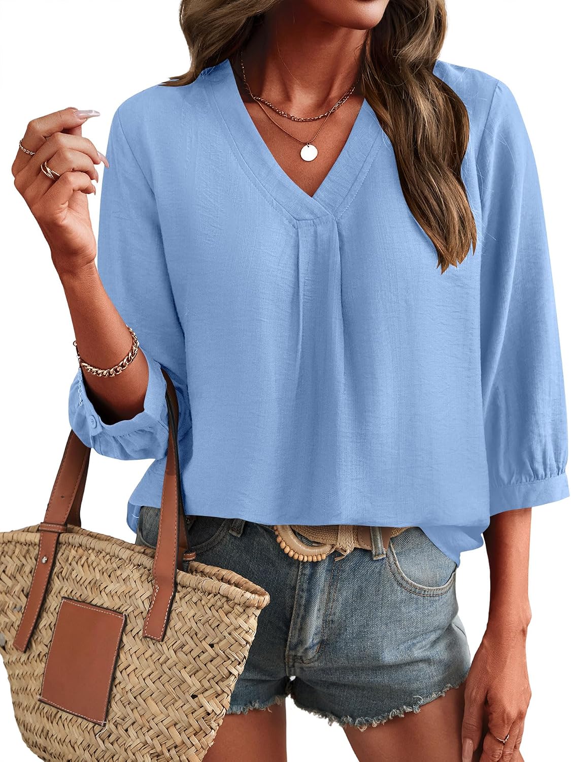 LOMON Womens 3/4 Sleeve V Neck Boho Peasant Blouses Dressy Casual Breathable Soft Tunic Tops with Button Cuffs