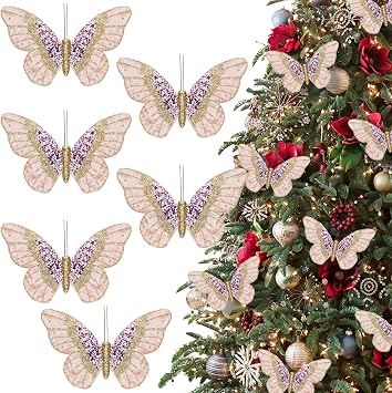 6Pcs Artificial Velvet Glitter Butterflies Clip-On Christmas Decorative Ornaments for Xmas Tree Decoration Crafts Wreath Festive Holiday Wedding Party Home Decor, 5.9 x 3.15 Inch 6, Pink