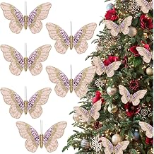 6Pcs Artificial Velvet Glitter Butterflies Clip-On Christmas Decorative Ornaments for Xmas Tree Decoration Crafts Wreath Festive Holiday Wedding Party Home Decor, 5.9 x 3.15 Inch 6, Pink