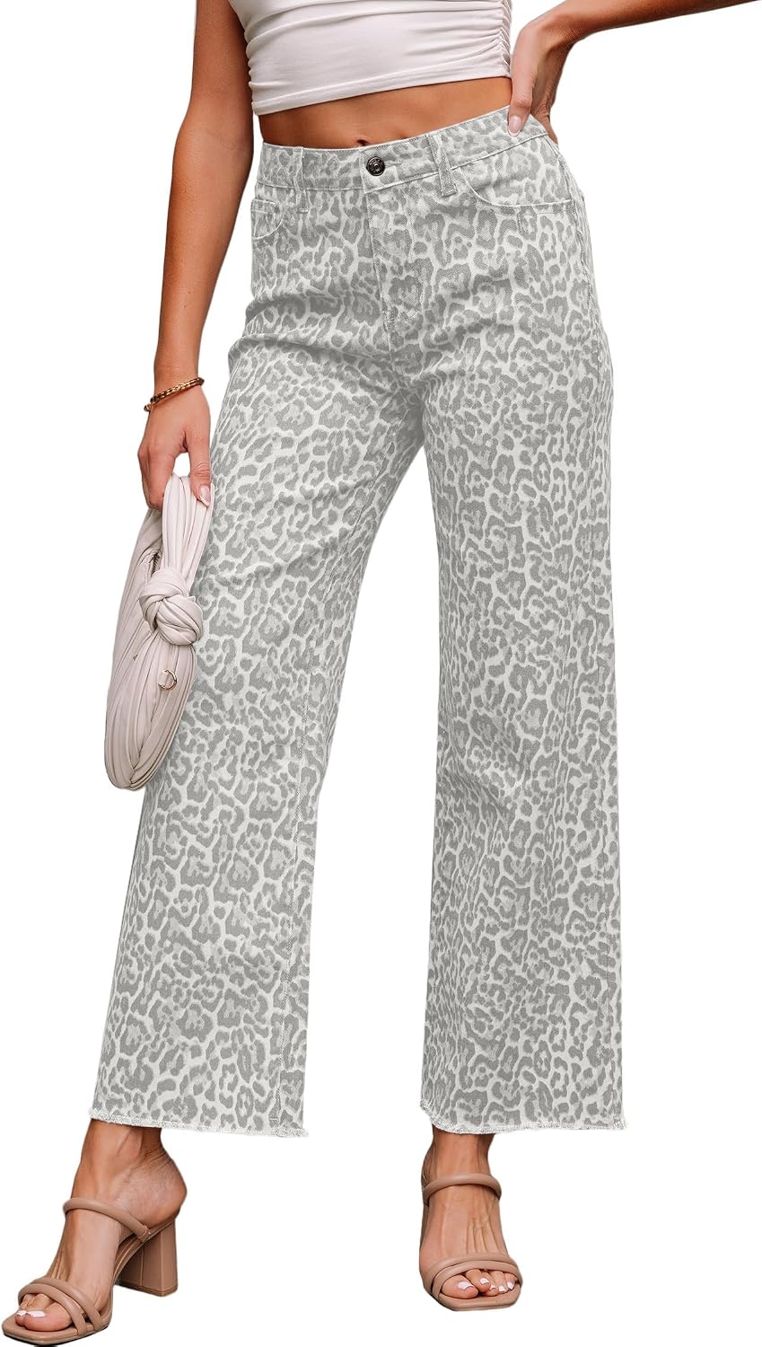 High Waisted Jeans for Women Wide Leg Leopard Raw Hem Straight Leg Stretchy Loose Denim Pants with Pockets