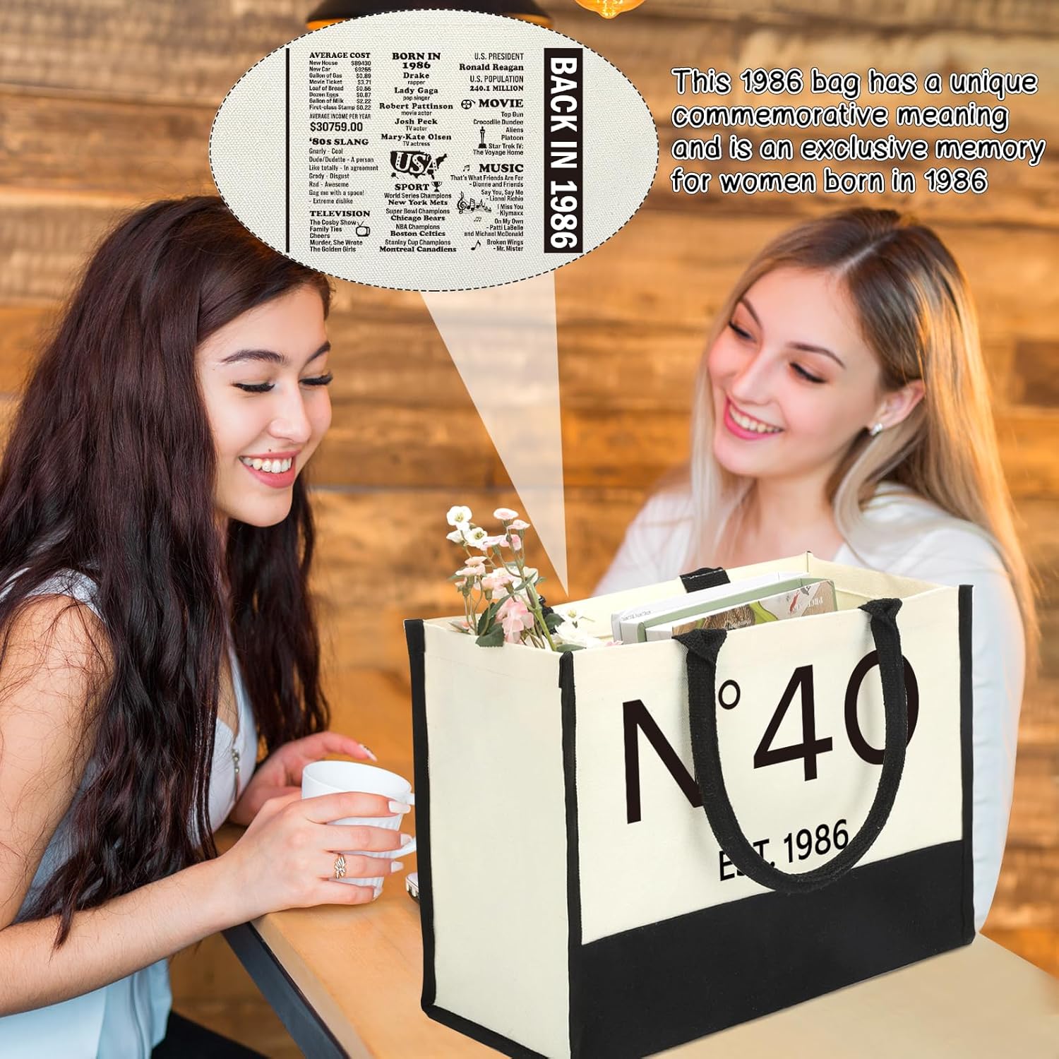 40th Birthday Gifts for Women Tote Bag, 40 Years Old Gift for Her, Happy 40th Birthday Gifts for Her Turning 40, Vintage 1986 Canvas Bday Bag - Image 6