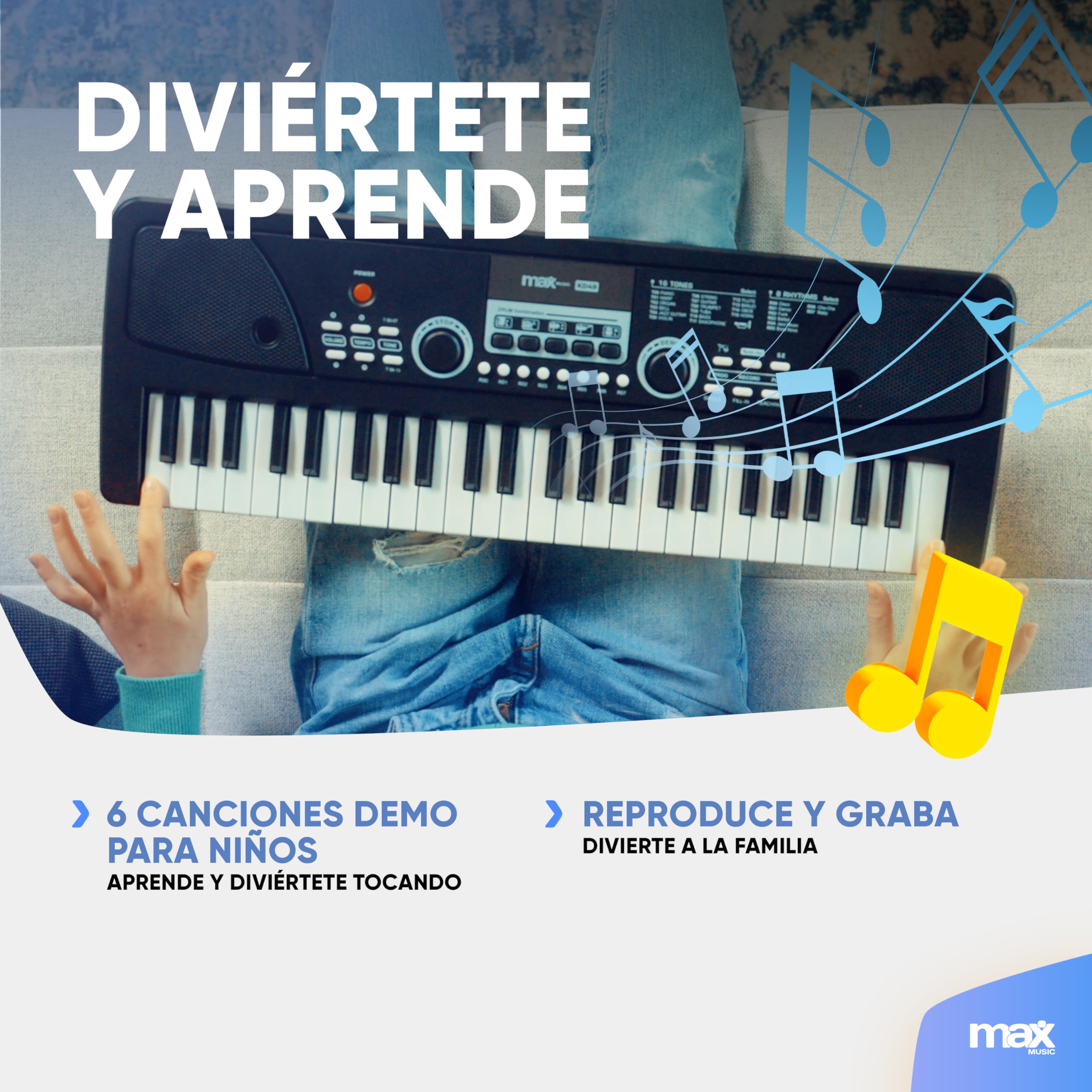 MAX KD49 – Teclado electrónico 49 teclas con batería recargable, micrófono incluido, 16 sonidos y 8 ritmos, función aprendizaje, grabación, USB,portátil y compacto, iniciación musical, color negro