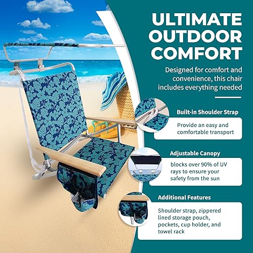 Vista 22 de Bliss Hammocks BBC-350-BF Silla de playa plegable, 5 posiciones reclinables, bolsa enfriadora desmontable, flor azul