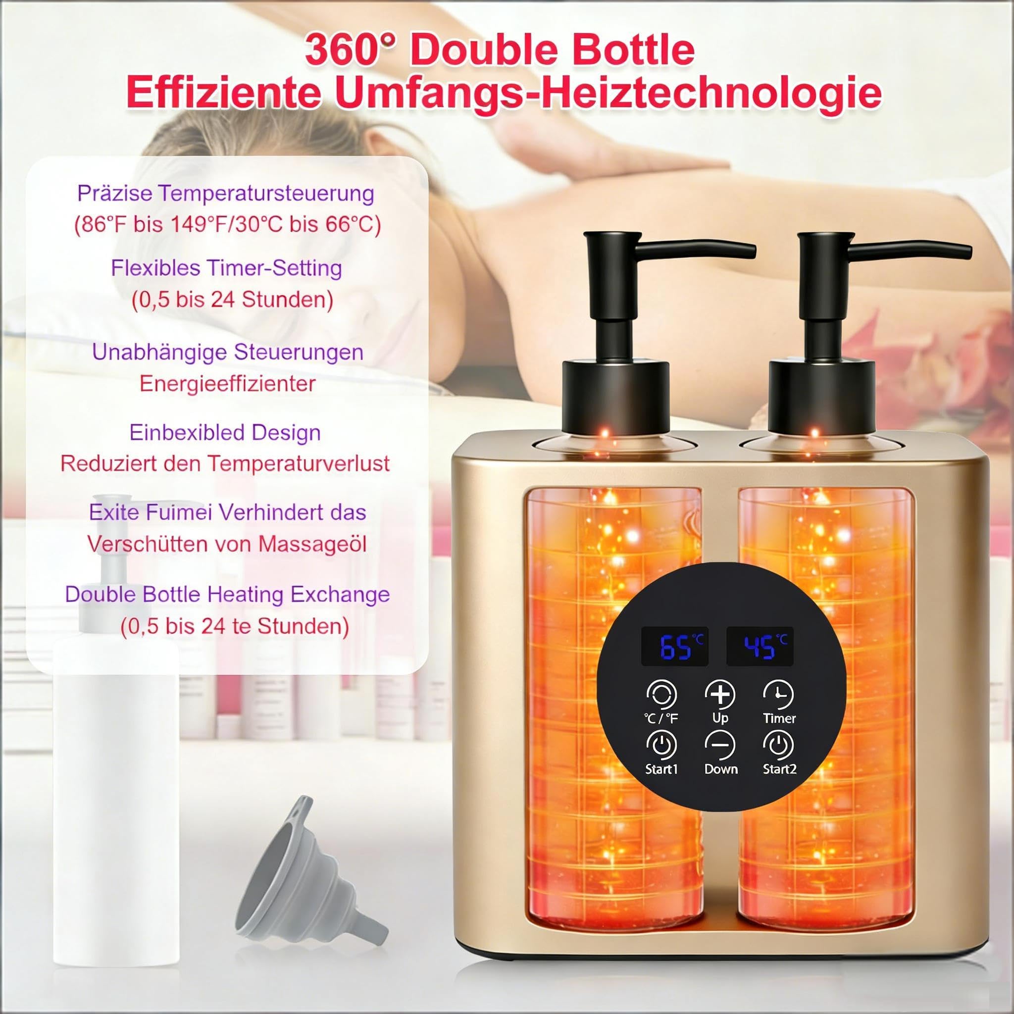 Professioneller Doppelflaschen Massageöl Wärmer mit 4 Flaschen, Einstellbare Temperatur 30–65°C & Timer 0,5–24H für Spa (Champagnergold)