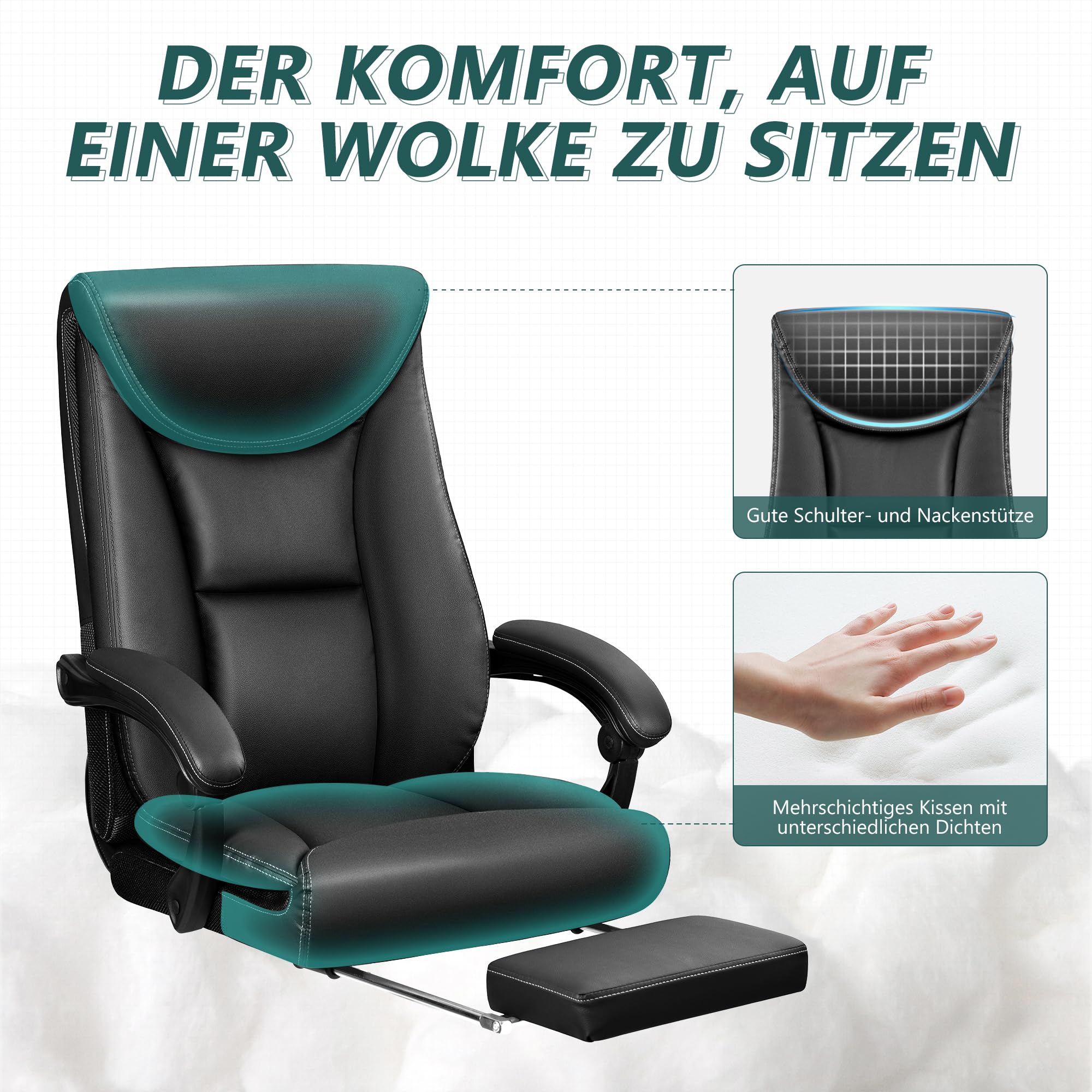 Chefsessel Breiter Bürostuhl ergonomischer Schreibtischstuhl hohe Rückenlehne 150KG mit Fußstütze Office Chair aus PU-Leder, Schwarz