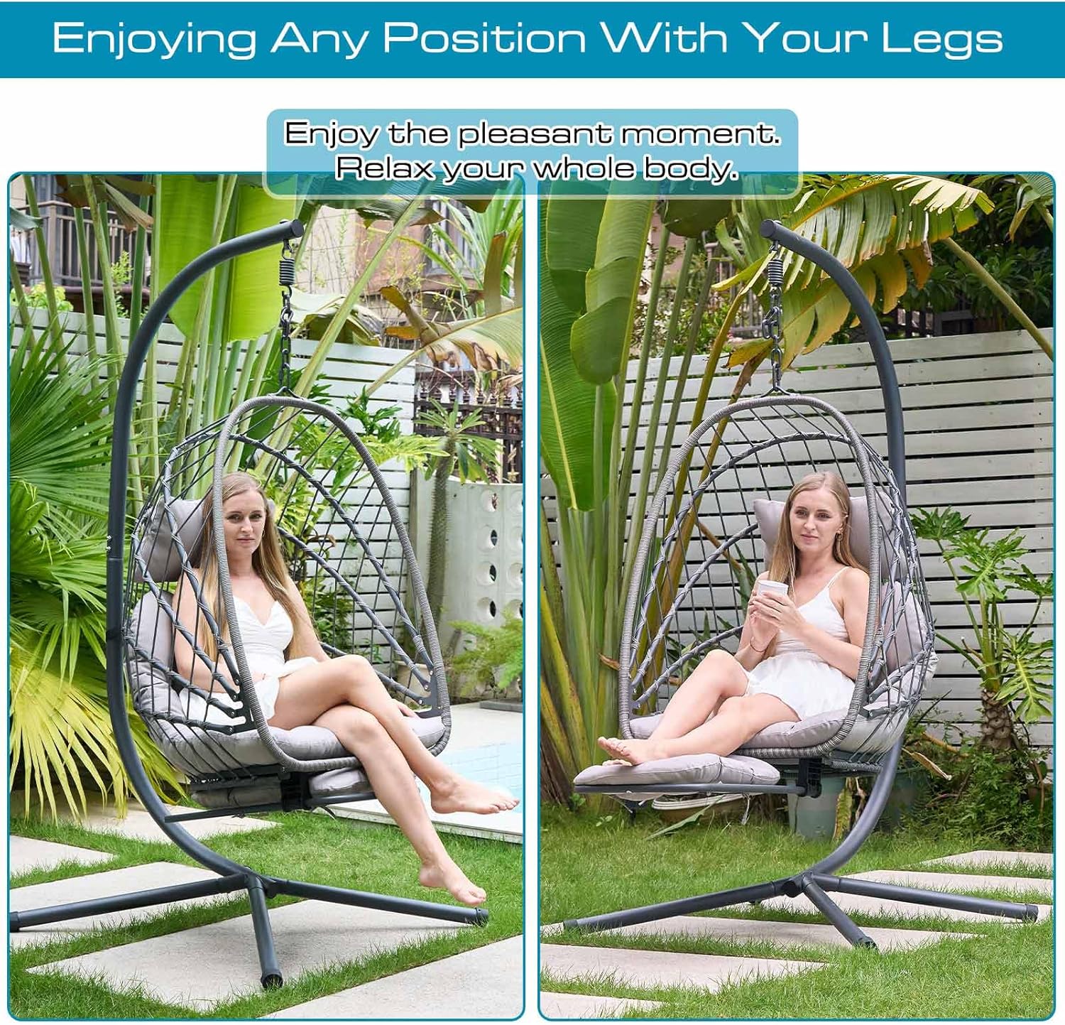 Hanging Egg Chair with Leg Rest and Stand – Rattan Wicker Swing Hammock Chair, UV-Resistant Cushion, Heavy-Duty Frame for Indoor & Outdoor Patio, Bedroom, Balcony, Garden – 330 lbs Capacity(Grey)