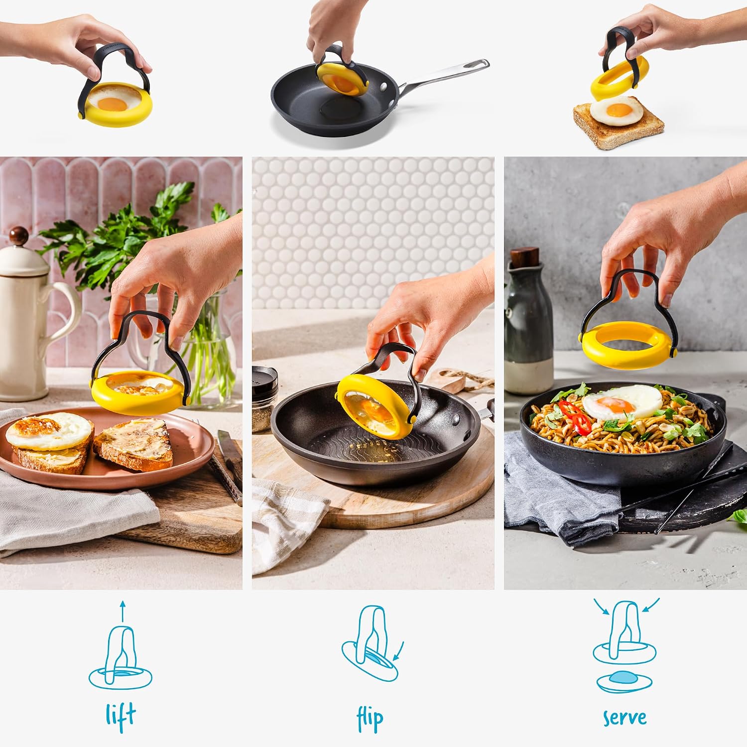 Dreamfarm Flegg Set of 2 Flip, Lift & Serve Silicone Egg Rings | Flexible cooking molds, picks up and releases fried eggs, heat resistant and safe on non-stick cookware with sit-up handle