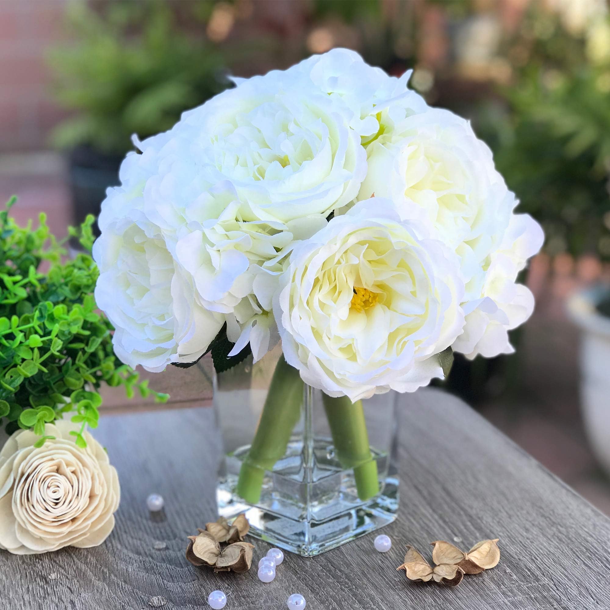 Peony and Hydrangea Mixed Artificial Flower Arrangement with Clear Glass Vase for Home Wedding Decoration (Cream)