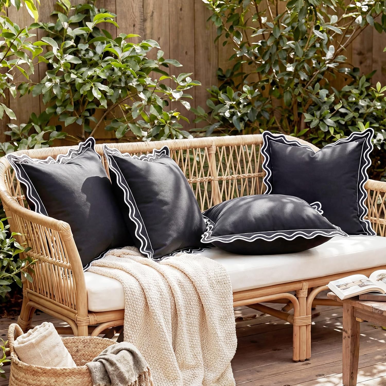 Novabright 2 Pack Outdoor Waterproof Pillow Covers Decorative Farmhouse Garden Pillowcase Scalloped Throw Cushion Cases for Patio Porch Tent Sofa Living Room Decor (Black,18 x 18 Inch)