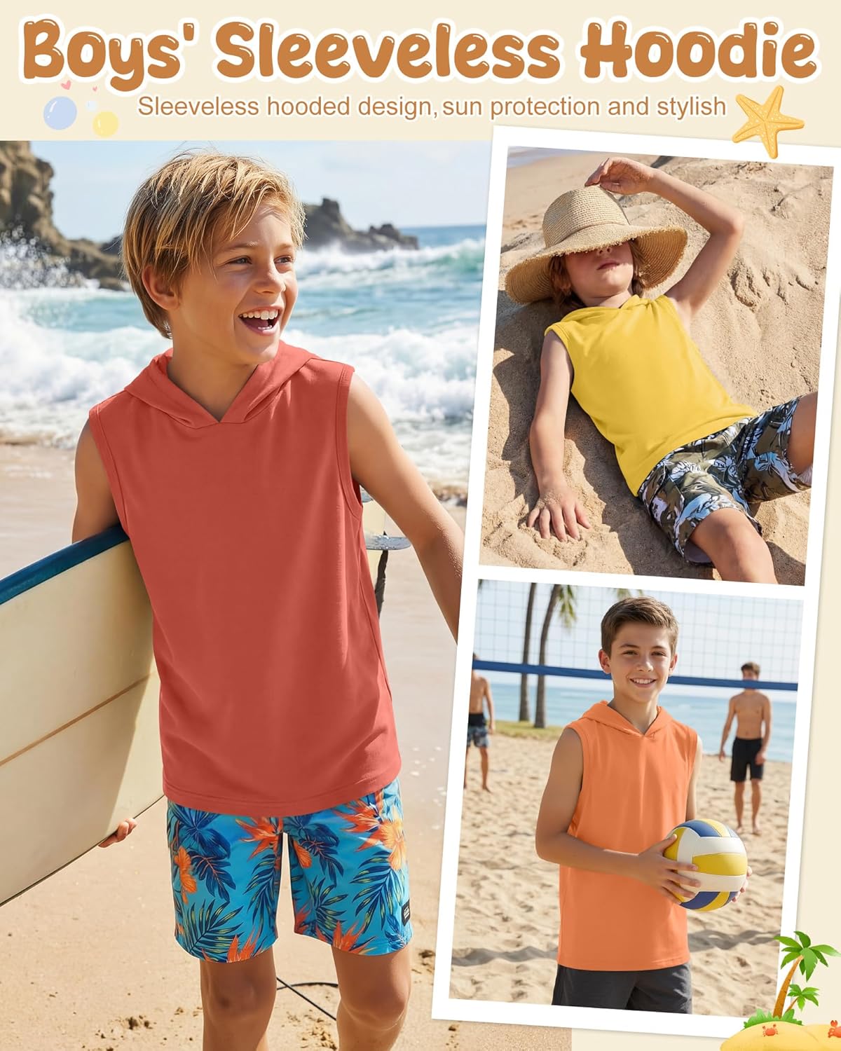 4 Pack Boys' Athletic Tank Tops Sleeveless Pullover Hoodies Sports Workout Basic T-Shirts 5-16 Years