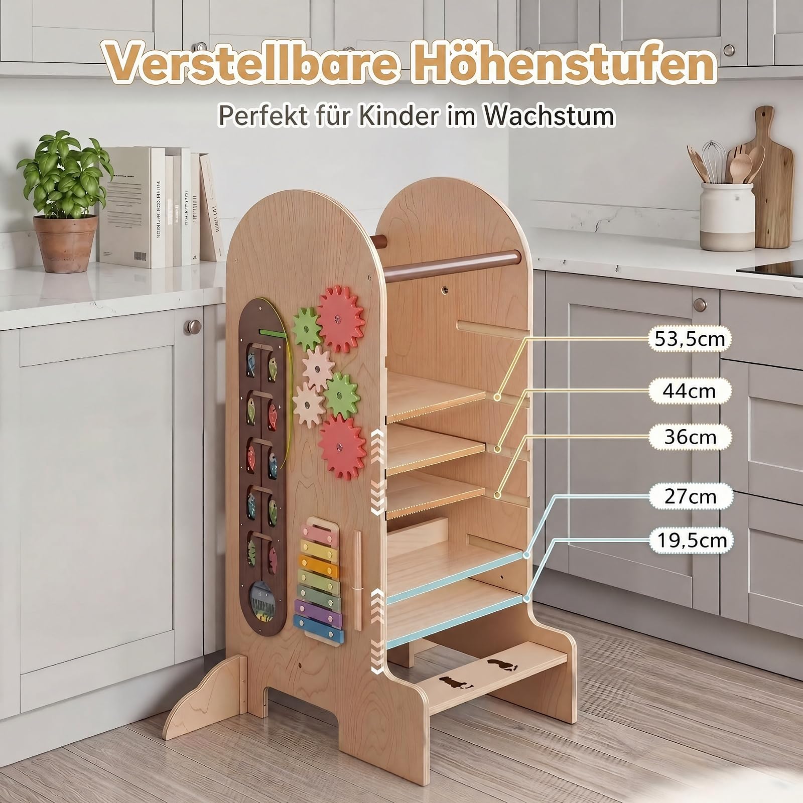 DREAMADE 4 in 1 Lernturm mit Rutsche, Trittleiter mit 3 verstellbaren Höhen | Tritthocker Montessori mit Abnehmbarer Tafel & Spielbrett, Learning Tower aus Buchenholz, Trittschemel für Kinder ab 3 Jahr