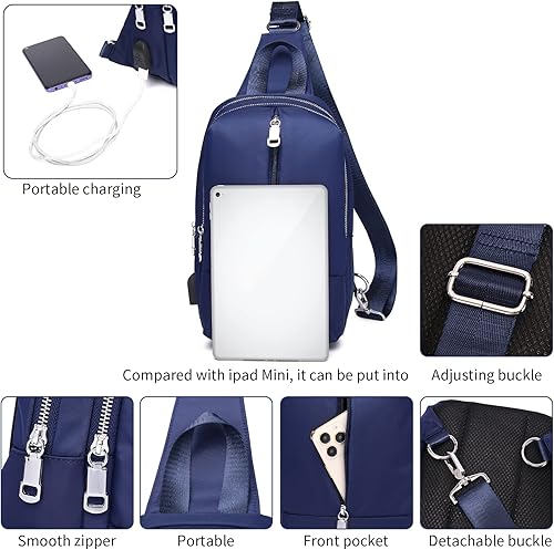 Miniatura 3 de Mochila cruzada para hombre, bolsa impermeable con cargador USB, puerto cruzado en el pecho, hombro, senderismo, viaje, Azul Patchwork