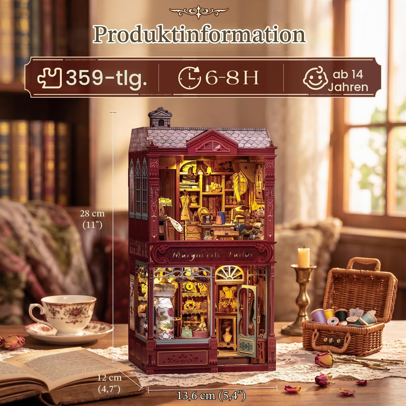 CUTEBEE Book Nook Kit - DIY Miniatur Haus Modellbau Set (Marguerite Tailor) | 3D Puzzle aus Holz, Dekorative Buchstütze für Bücherregal mit LED-Licht & Staubschutz