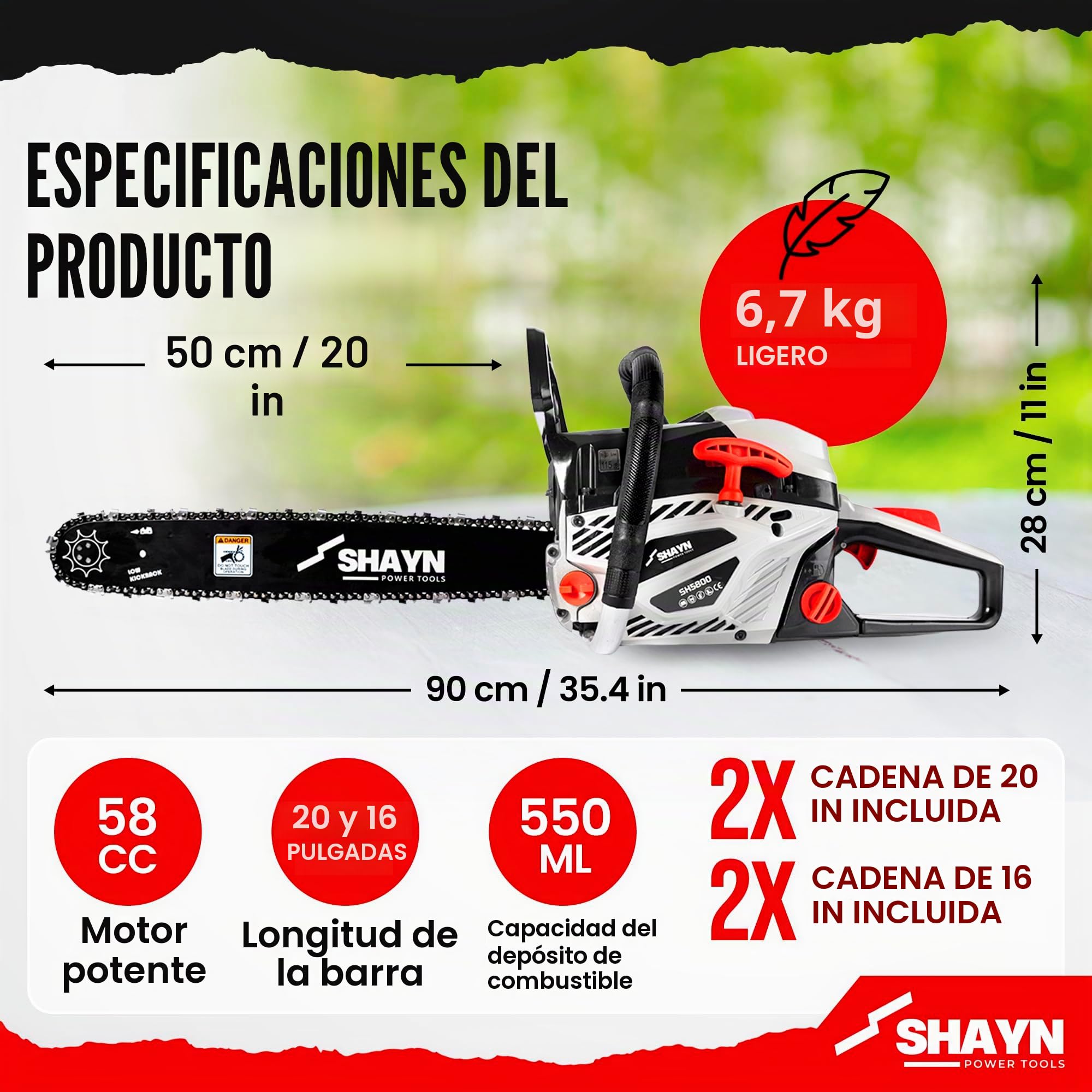 SHAYN Motosierra Gasolina de 58 cc – Sierra de cadena con mango superior de 2 tiempos con barra de espada de 50 y 40 cm, 4 cadenas de repuesto, antivibración - Ligera con 3 años de garantía