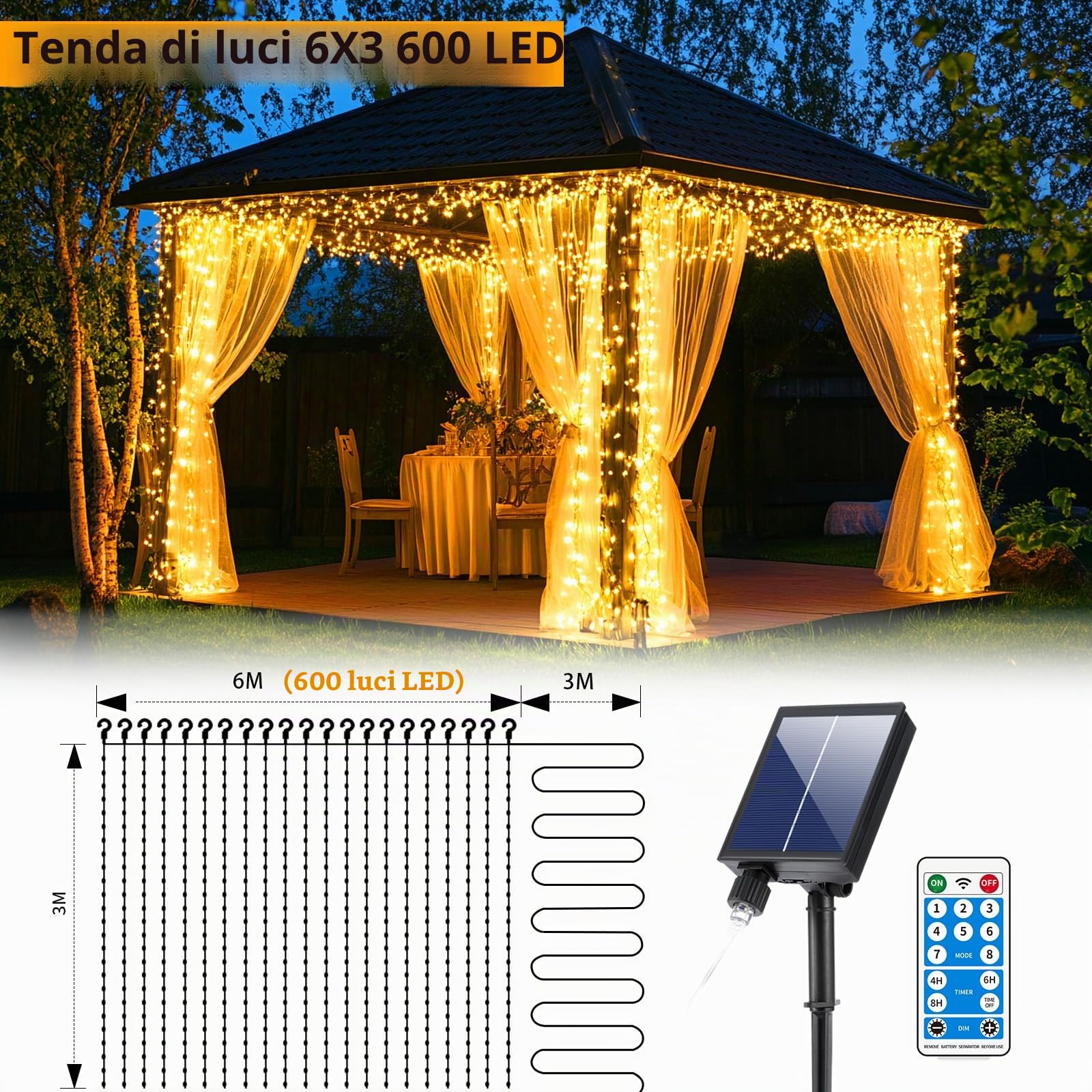 1200mAh Solare Tenda Luminosa Natale Esterno Interno, 6x3M 600LED Impermeabile con 8 Modalità, Timer e Memoria, IP65