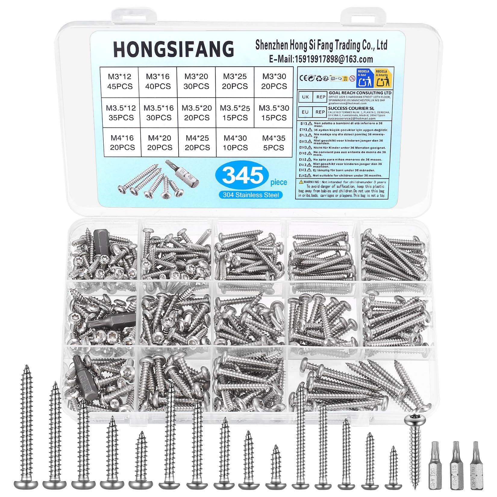 345 Pcs Torx Screws Set, M3 M3.5 M4 Stainless Steel Self Tapping Screwset, Self Drilling Dome Round Head Screwset, Torx Self-tapping Screws for Metal Screw Set
