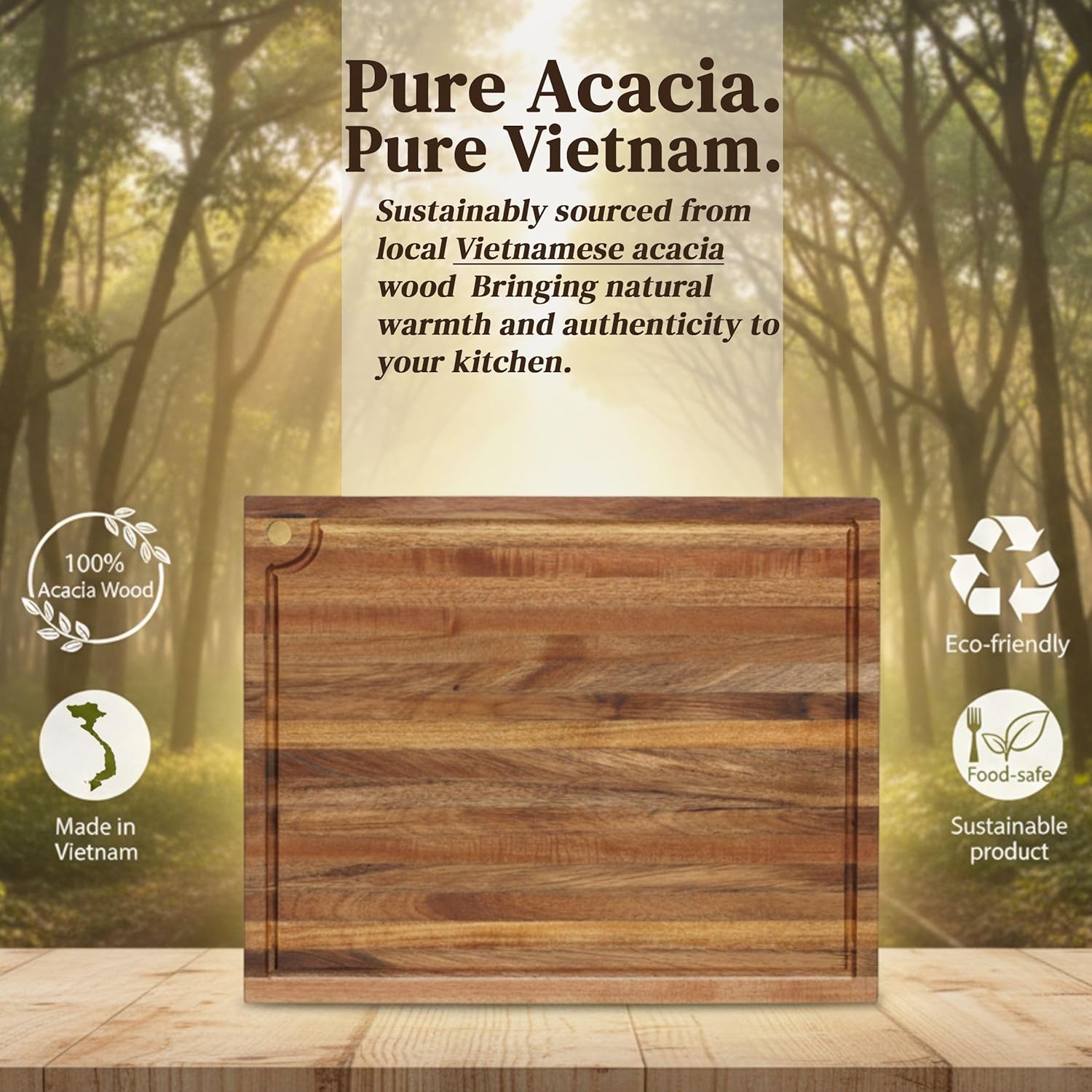 Acacia Wood Cutting Board 18x14 Inch Large, 0.6" Thin Edge Grain, Deep Juice Groove & Handle - Premium Solid Hard Platter for Meat, Cheese, Fruit, Bread & Serving, Non-Toxic, BPA Free by New M Way